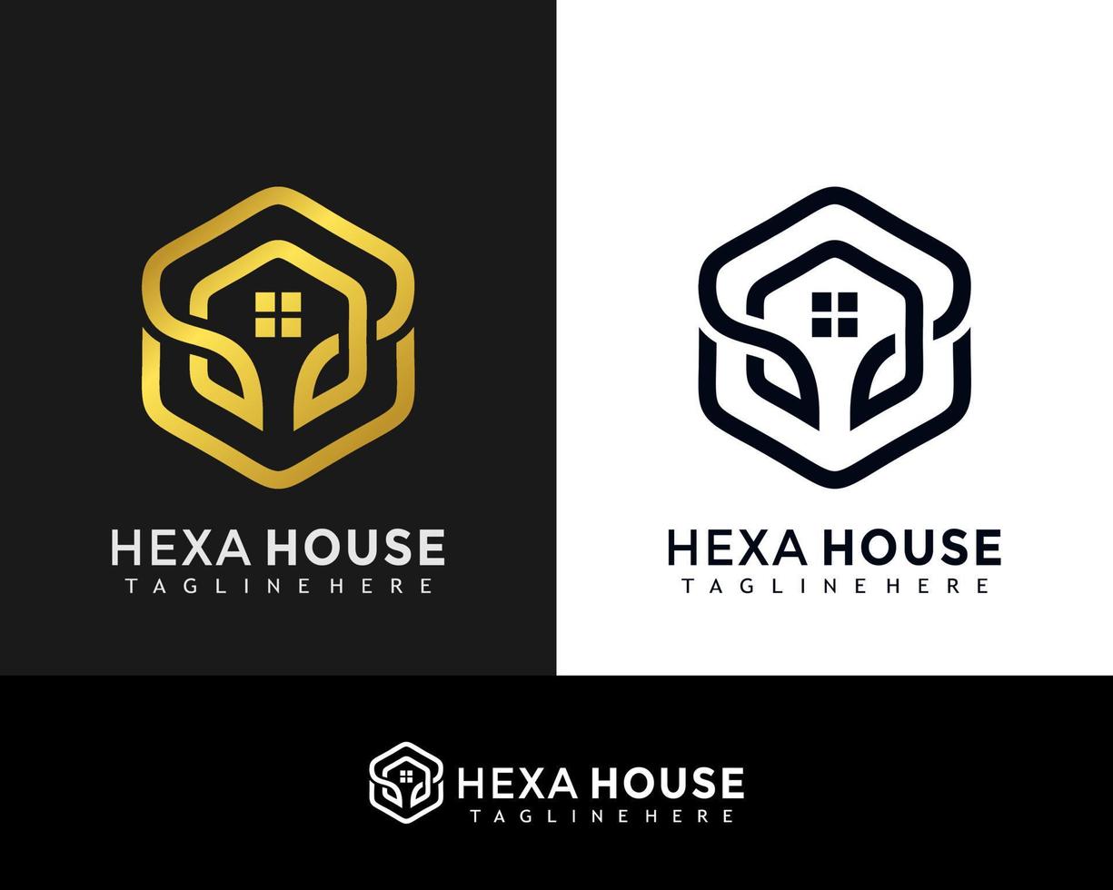 modello creativo moderno dell'illustrazione di vettore di progettazione di logo di forma dorata della casa di hexa