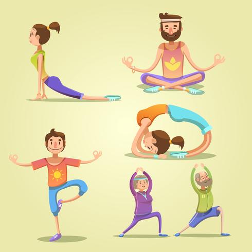 Set di retrò dei cartoni animati di yoga vettore