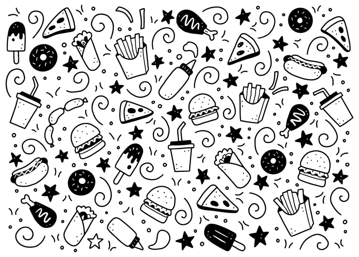 set di doodle disegnato a mano fast food. illustrazione vettoriale. vettore