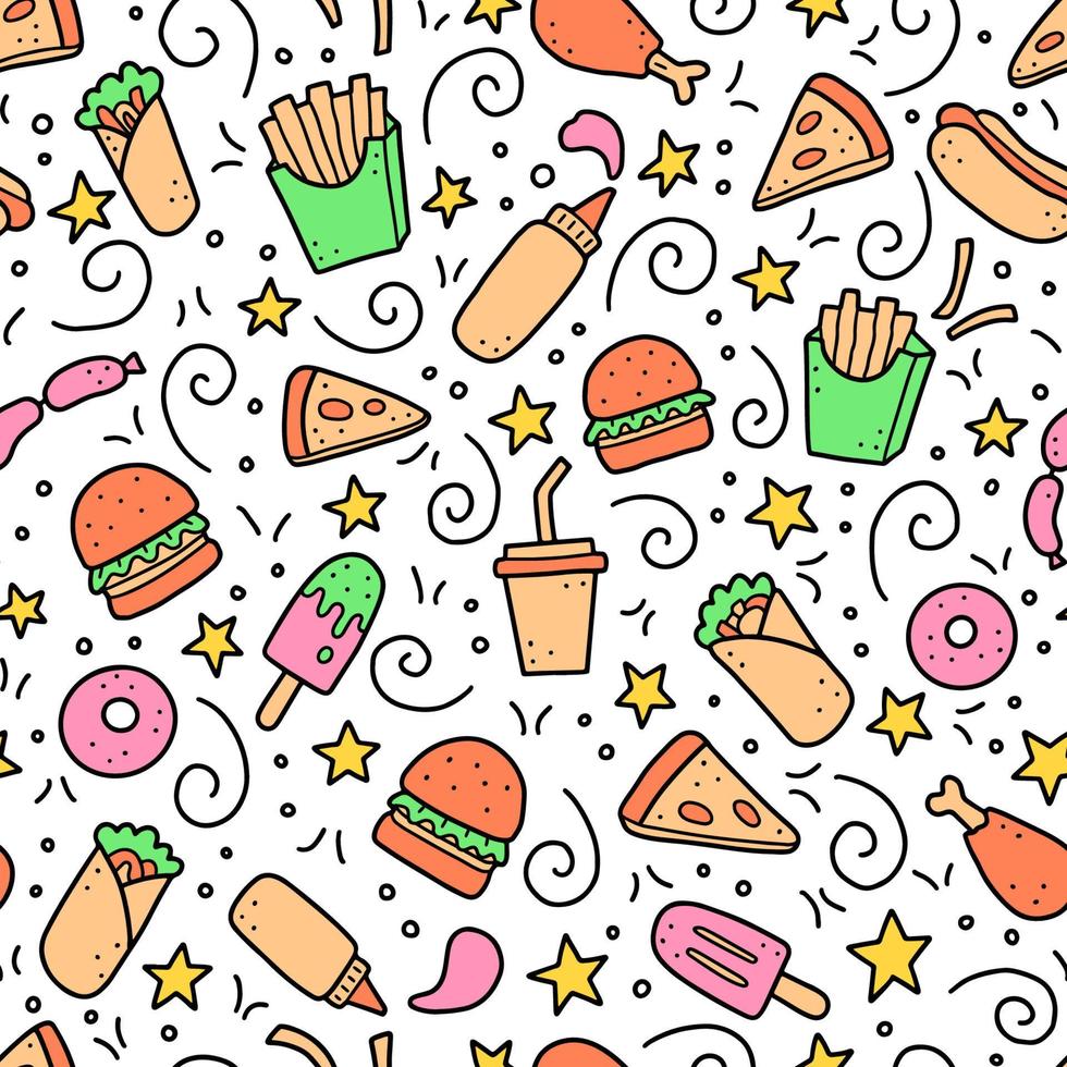 Reticolo senza giunte disegnato a mano di doodle di fast food. illustrazione vettoriale. vettore