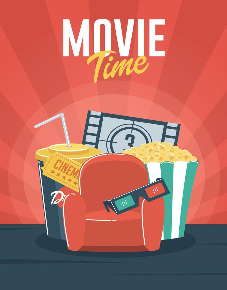 tempo di film con sedia da cinema, popcorn, illustrazione del biglietto del cinema vettore