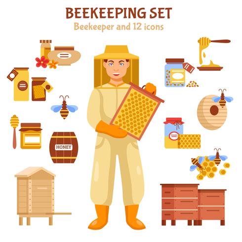 Set di icone illustrazione miele di apicoltura vettore