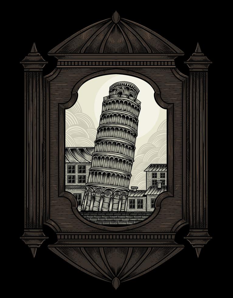illustrazione torre di pisa vintage con stile di incisione vettore