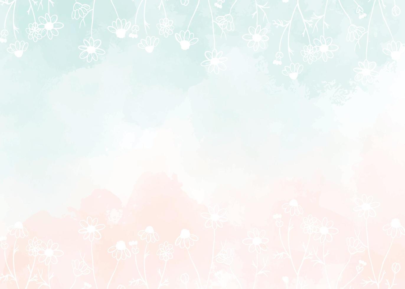 acquarello verde chiaro e rosa antico sfondo rosa pesca splash con doodle bianco linea arte fiori di camomilla selvatica vettore