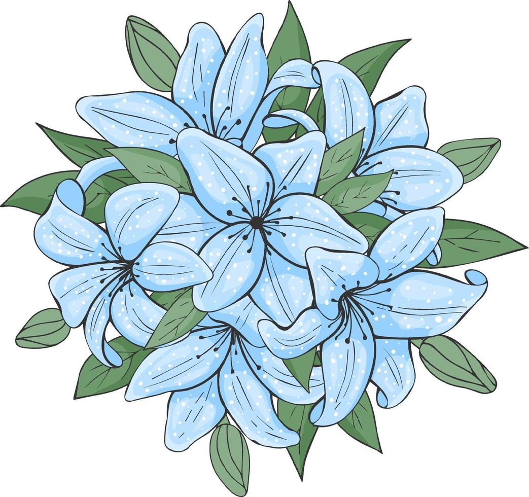 bouquet rotondo disegnato a mano di gigli blu. illustrazione vettoriale. isolato su bianco. tatuaggio, linea d'arte. vettore