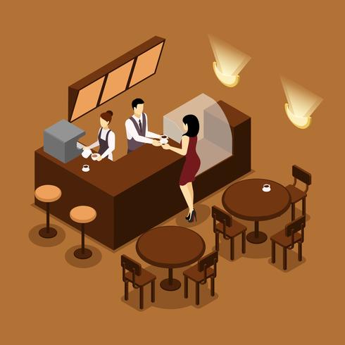 Barista Serving Customer Isometric Brown Poster vettore