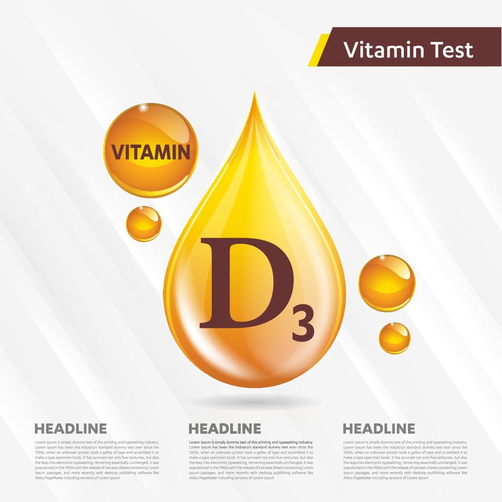 insieme della raccolta dell'icona del sole della vitamina d3, colecalciferolo del corpo. goccia d'oro complesso vitaminico goccia. illustrazione vettoriale medico per la brughiera