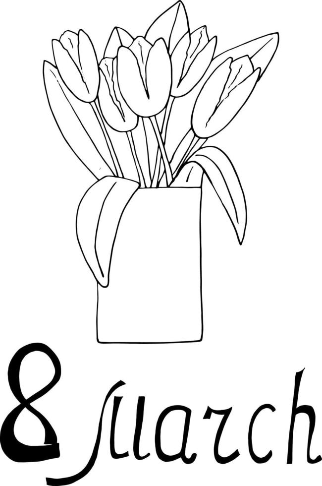 tulipani in un mazzo di vasi. modello di cartolina dell'8 marzo. carta, poster, adesivo, banner. schizzo disegnato a mano in stile scarabocchio. minimalismo, monocromo. fiori, vacanze di primavera vettore