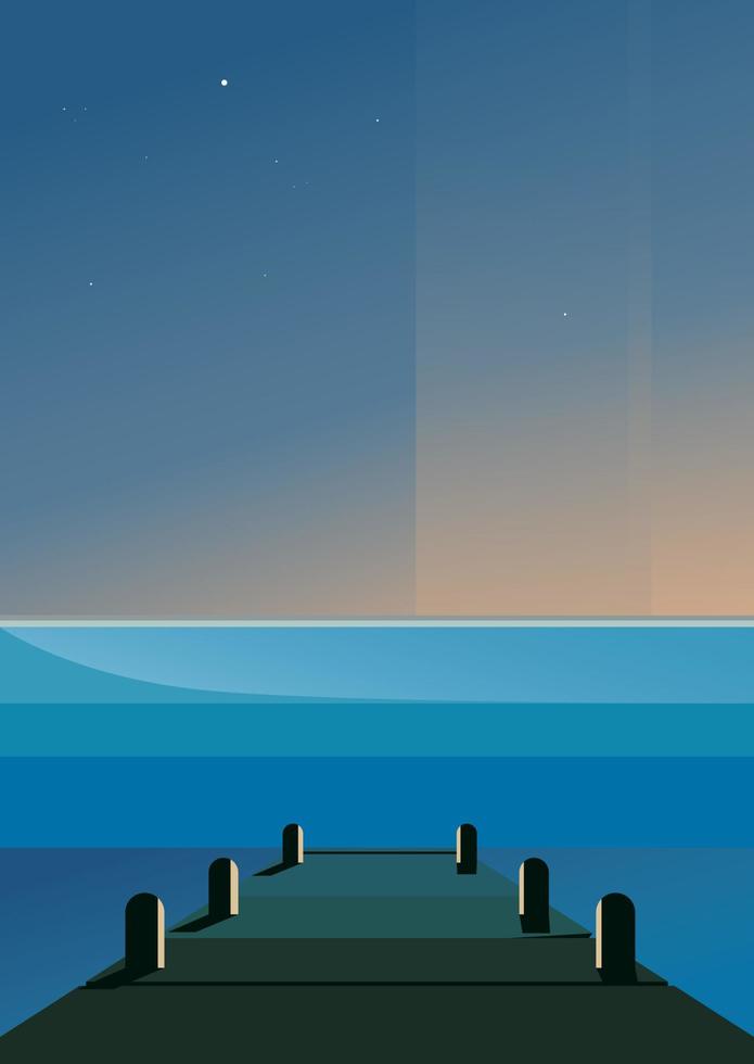molo di mare nella notte. scenario naturale in orientamento verticale. vettore