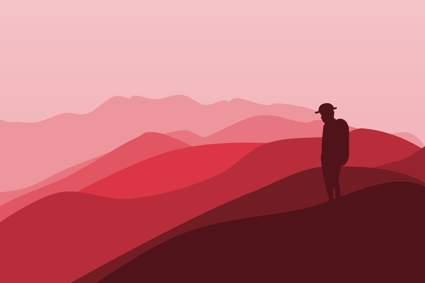 illustrazione vettoriale di un uomo in piedi su una montagna in vista di una bellissima catena montuosa. alba e tramonto in montagna.