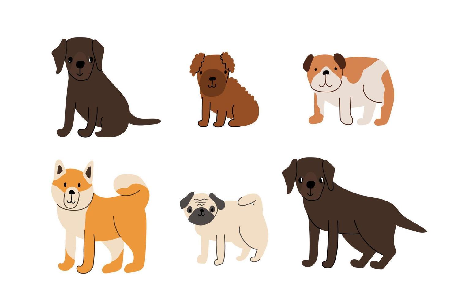 simpatico set di cuccioli di cani. labrador retriever, cucciolo di barboncino, buldog, akita inu, carlino. illustrazione vettoriale isolato su sfondo bianco