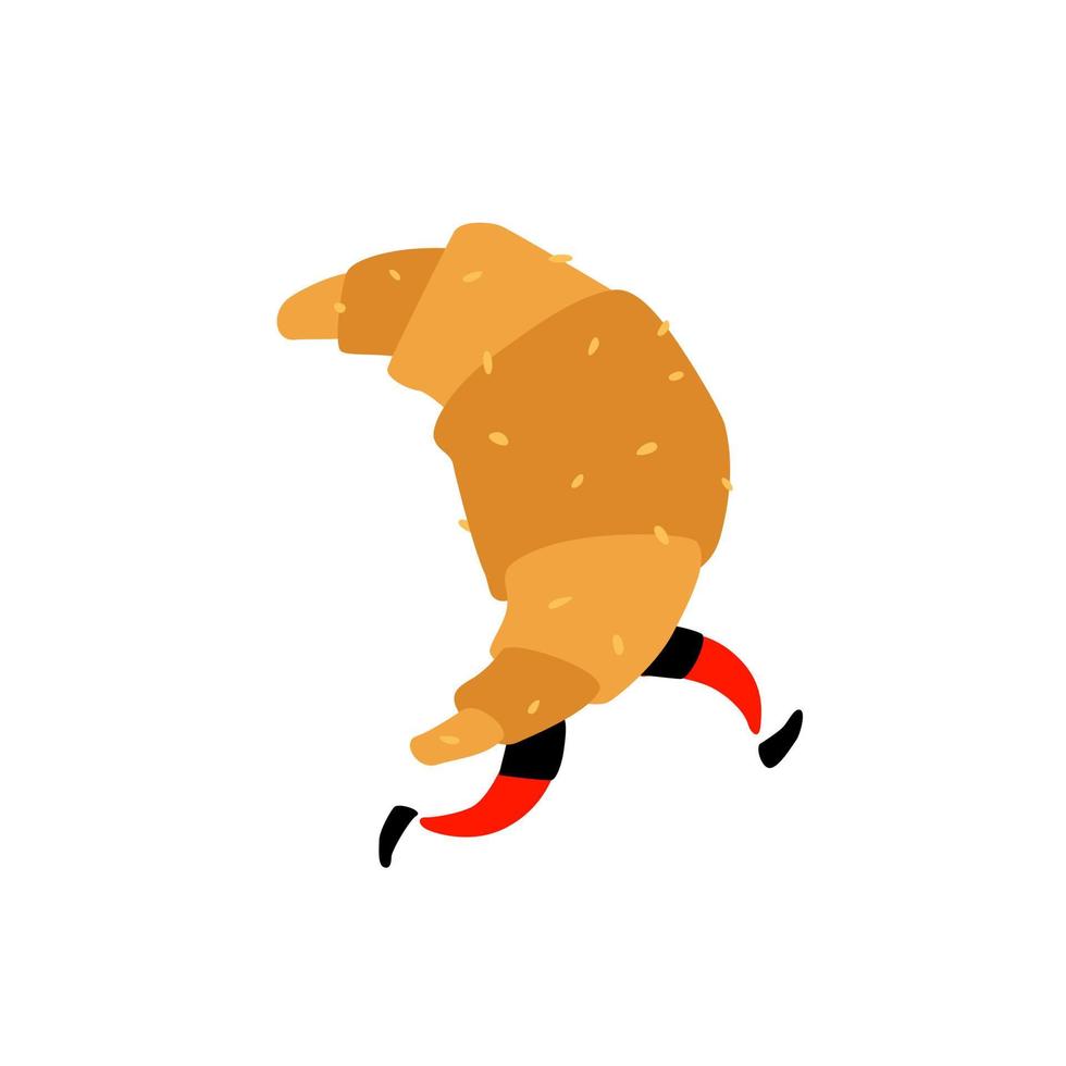 illustrazione di un croissant in esecuzione. vettore. carattere dolce con le gambe. icona per il sito su sfondo bianco. segno, logo per il negozio. consegna di prodotti da forno freschi e pasticceria. stile piatto. vettore