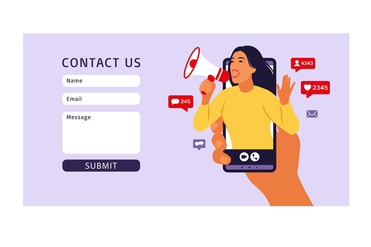 contattaci modello di modulo per il web. mani che tengono lo smartphone con una ragazza che grida in altoparlante. influencer marketing, social media o promozione in rete. illustrazione vettoriale. vettore