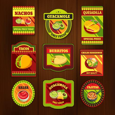 Emblemi colorati luminosi cibo messicano vettore