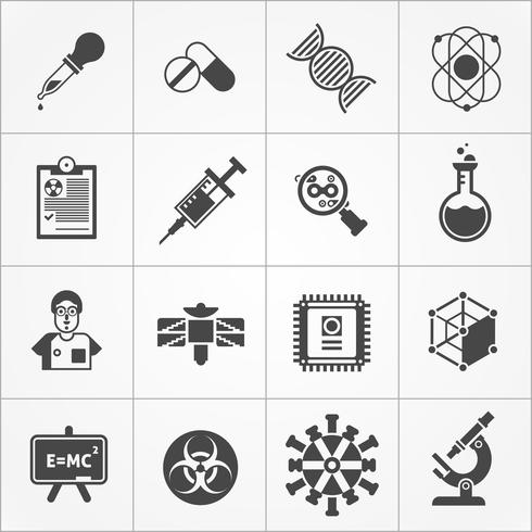 Set di icone bianco nero di scienza vettore