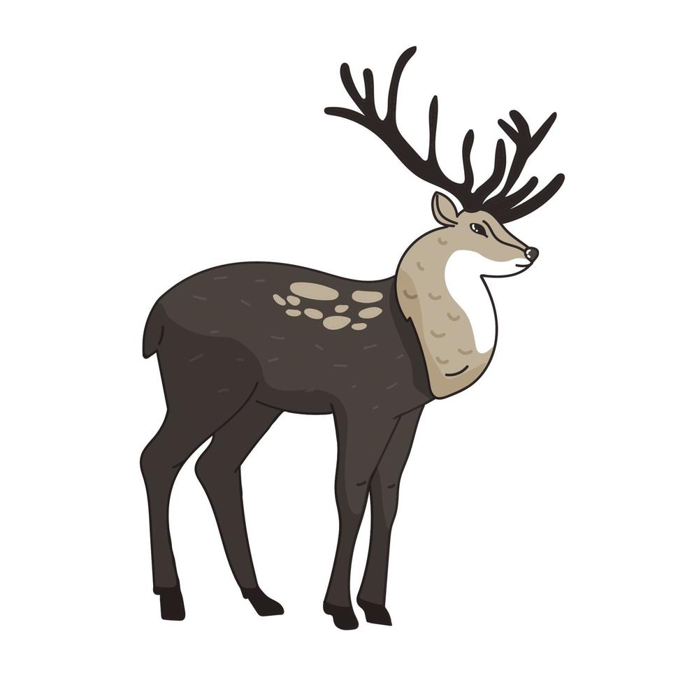 immagine disegnata a mano di cervo con grandi corna di cervo carino. illustrazione vettoriale animale isolato su sfondo bianco per il sito Web di cartelloni pubblicitari di prodotti di caccia, disegno a mano del fumetto della fauna selvatica