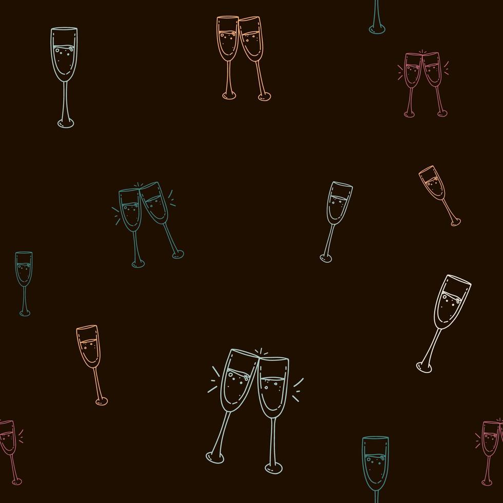 modello senza cuciture con l'immagine di un bicchiere di bolle e piccoli punti design piatto semplice. disegno a mano. bicchieri di vino champagne su sfondo nero. vettore