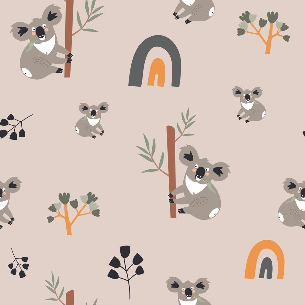 modello senza cuciture con arcobaleni boho e animali koala su legno vettore