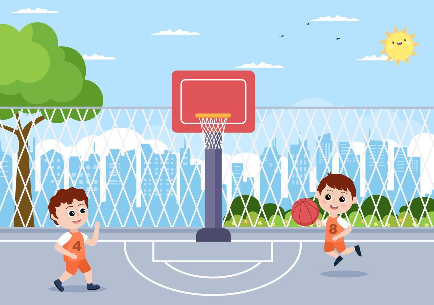 cartone animato di bambini felici che giocano a basket illustrazione di design piatto indossando l'uniforme del cesto in un campo all'aperto per sfondo, poster o banner vettore