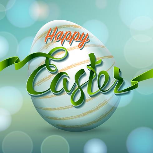 Uovo di Pasqua felice con le luci del bokeh e le lettere del nastro, simbolo di festa. vettore