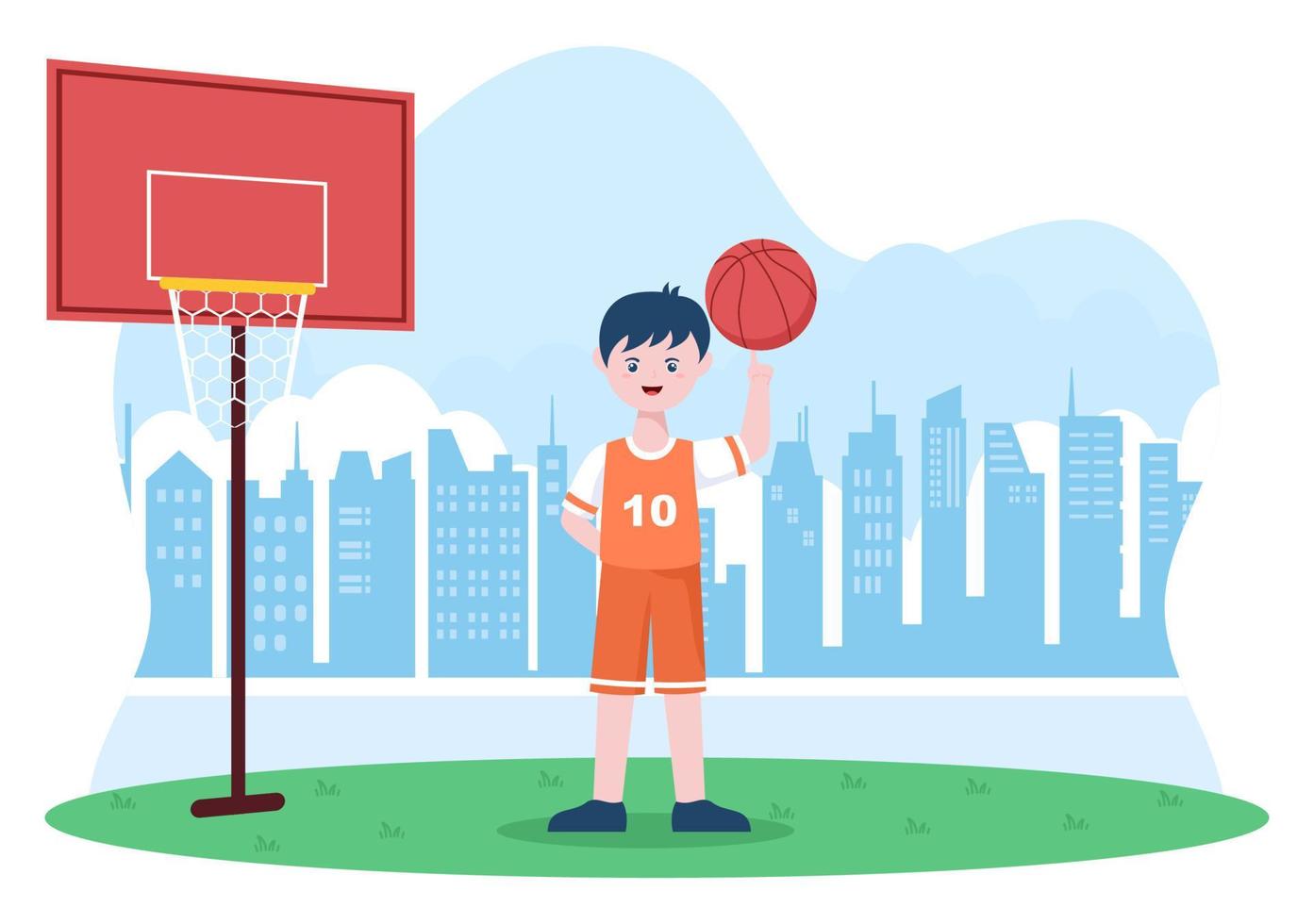 giovane felice che gioca a basket design piatto illustrazione indossando l'uniforme del cesto in campo all'aperto per sfondo, poster o banner vettore