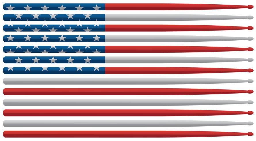 La bandiera americana dei bastoni del tamburo del batterista con i bastoni rossi e bianchi e blu del tamburo di stelle e strisce ha isolato l&#39;illustrazione di vettore