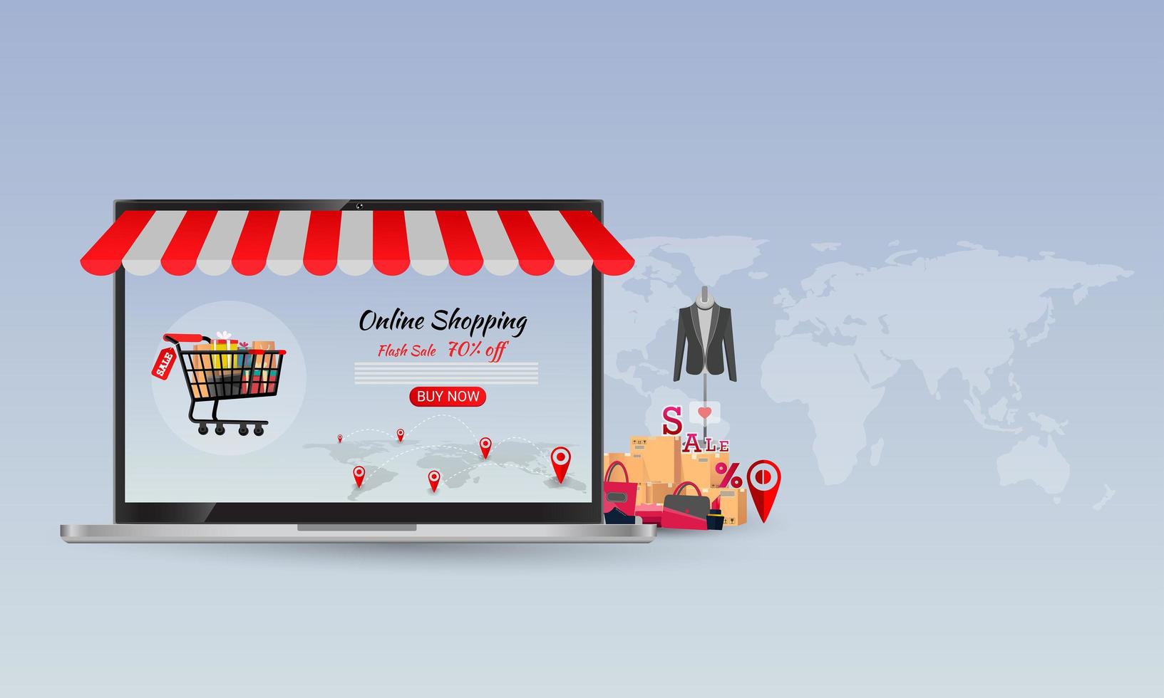 shopping online,concept desktop, con carte di credito e su sfondi blu, vettore