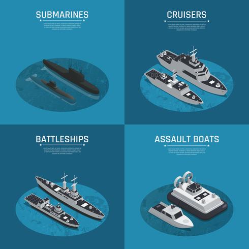 Set di icone isometriche di barche militari quadrate vettore