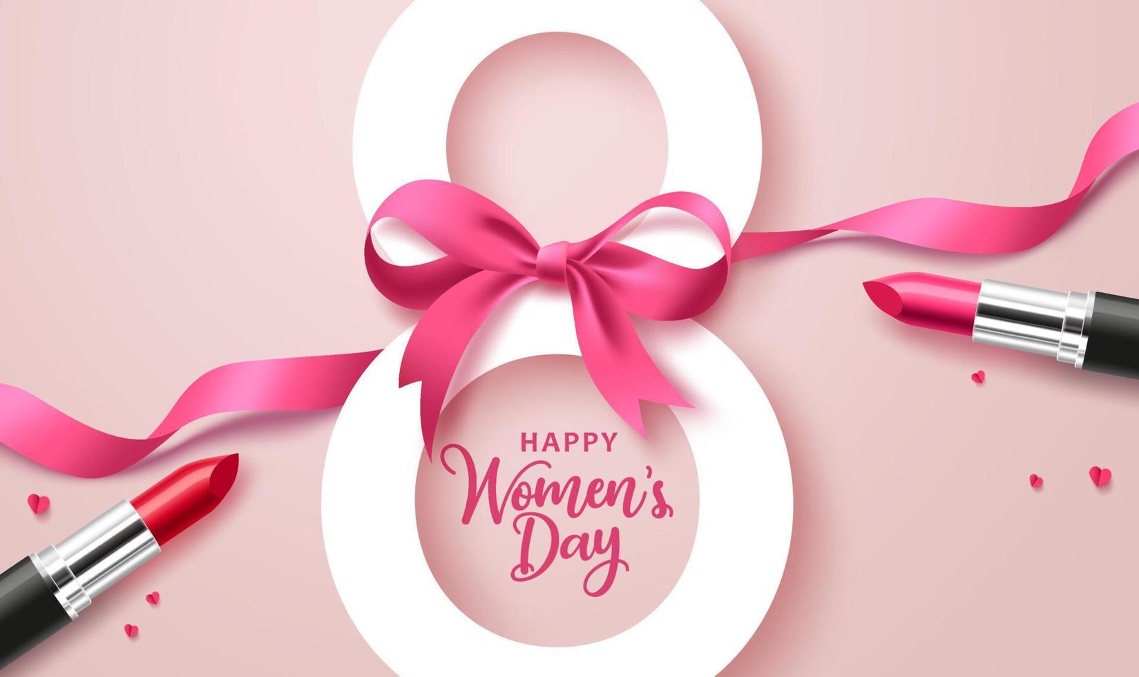 8 marzo giornata della donna concetto di design vettoriale. testo di auguri per la festa della donna con decorazione di elementi di nastro e rossetto rosa per il design di sfondo delle celebrazioni internazionali. illustrazione vettoriale. vettore