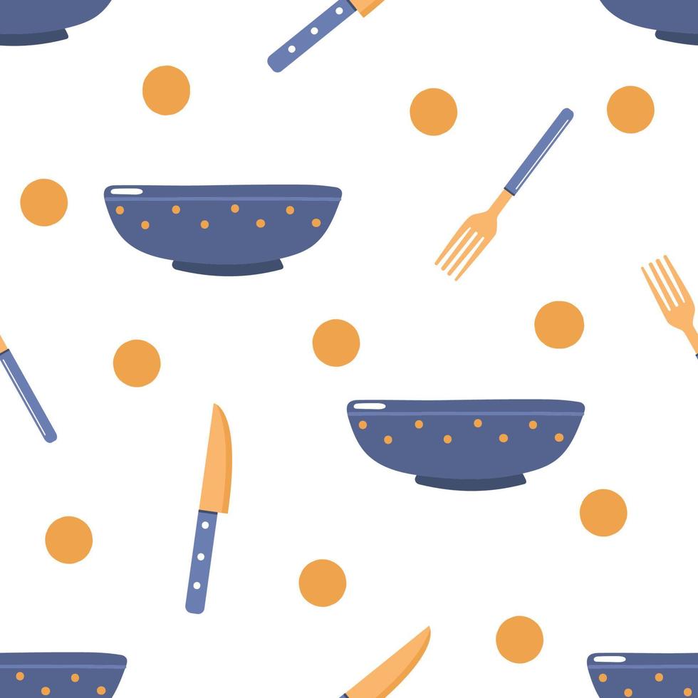 modello senza cuciture disegnato a mano di piatti, piatti, forchette e coltelli e punti. illustrazione piatta. vettore