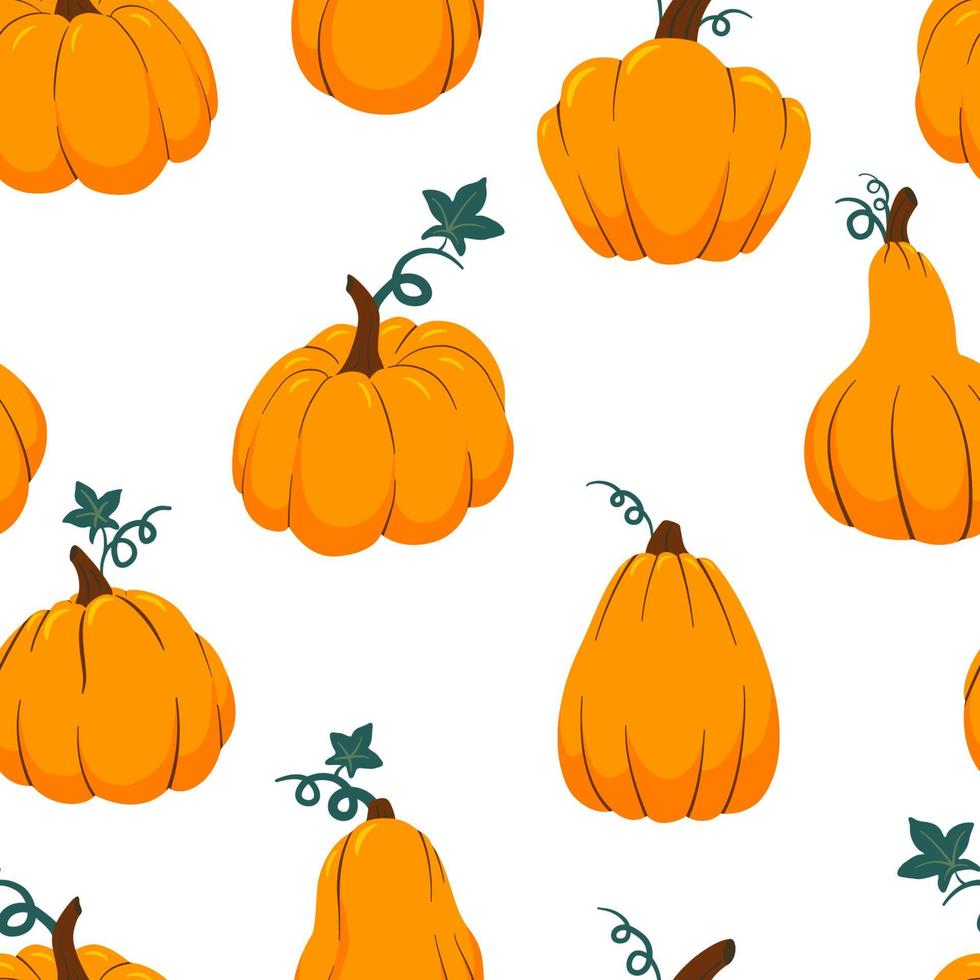 zucche arancioni di varie forme senza cuciture. ringraziamento, raccolto e sfondo autunnale di halloween. trama di caduta di vettore del fumetto.