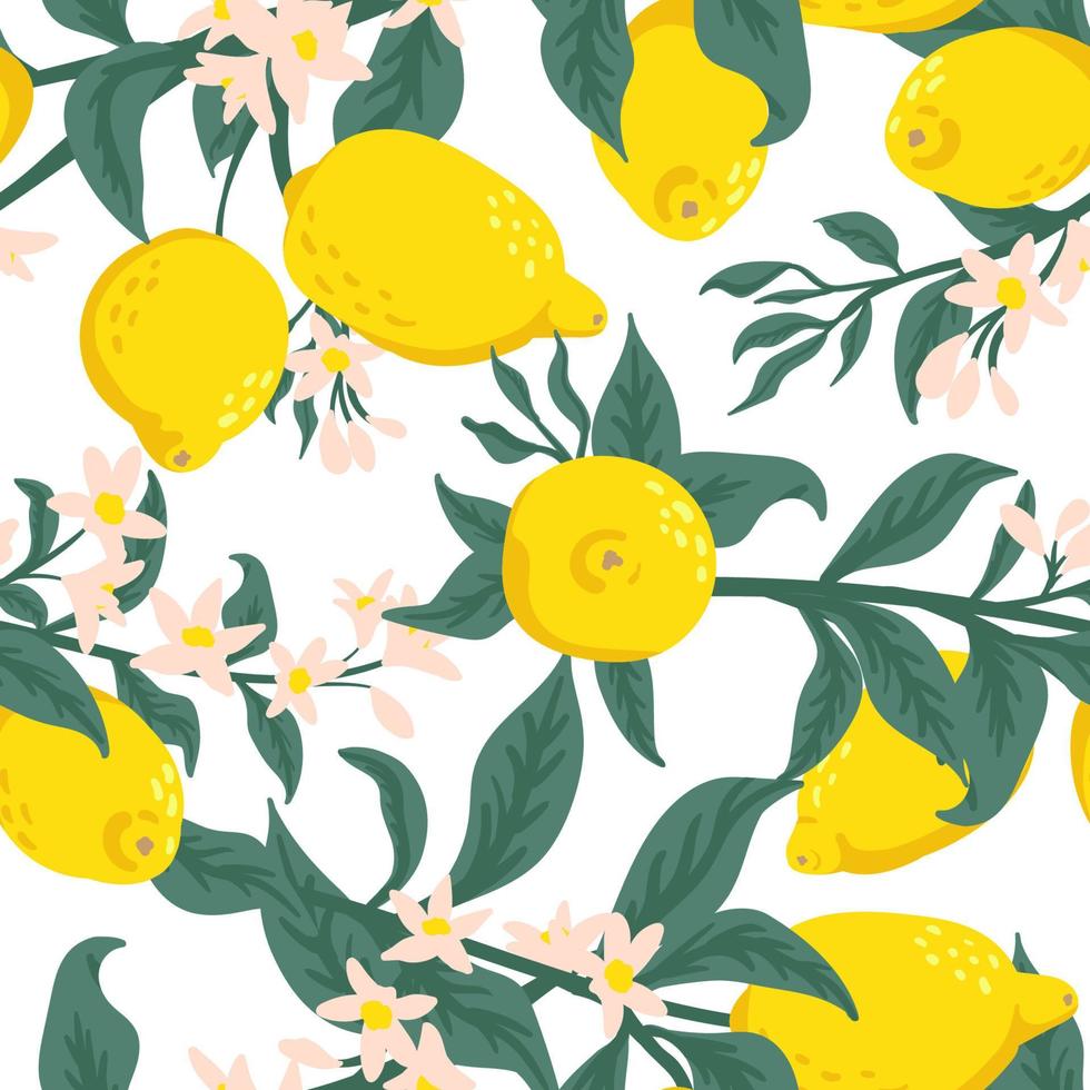 estate tropicale seamless con limoni colorati e flowers.vector agrumi sfondo. moderno design floreale esotico per carta, copertina, tessuto, arredamento d'interni e altri utenti. vettore