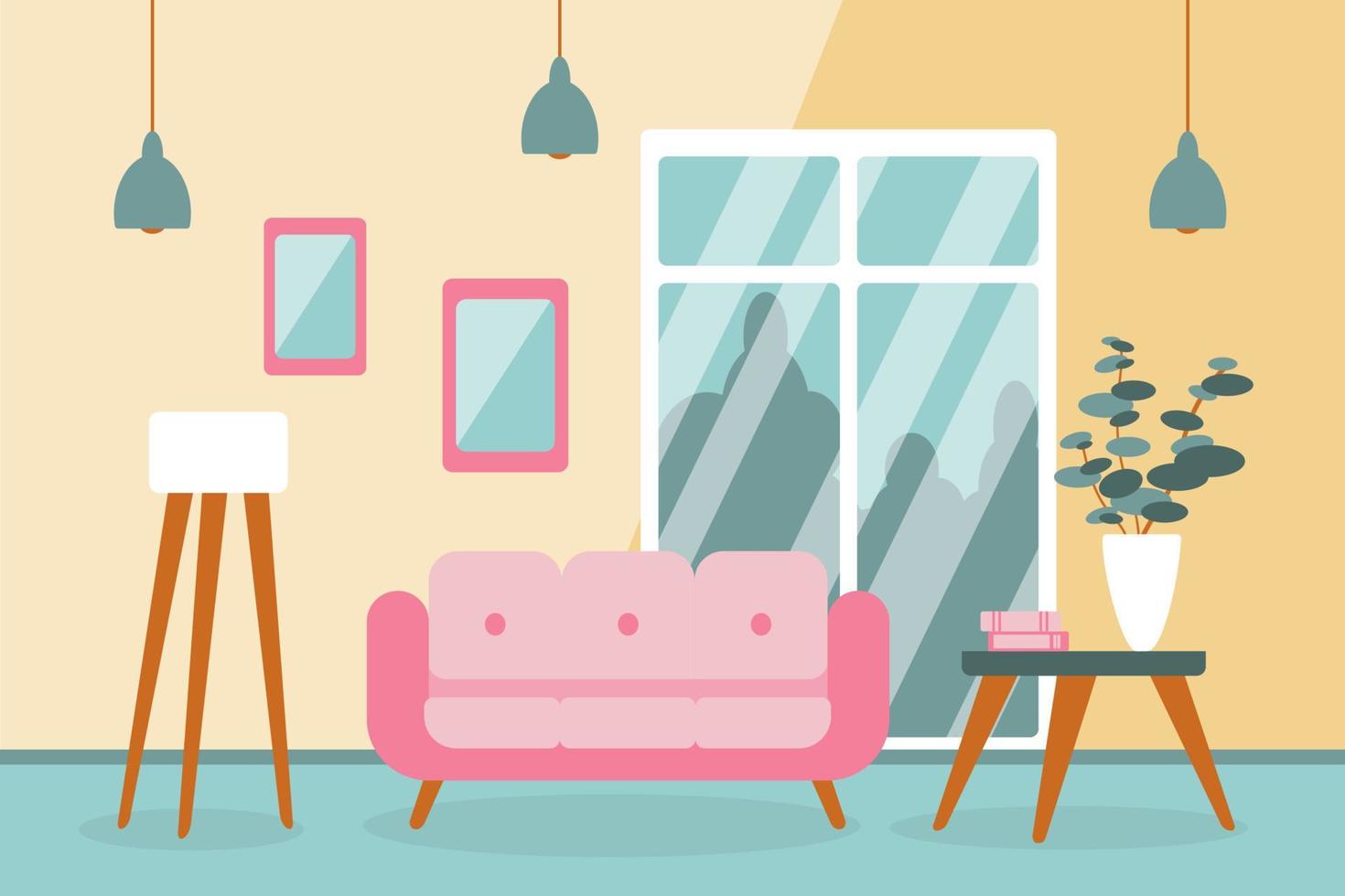 interni moderni di un soggiorno con mobili. design di una stanza accogliente con divano, lampada, tavolo, finestra e accessori di arredo. illustrazione vettoriale stile piatto.