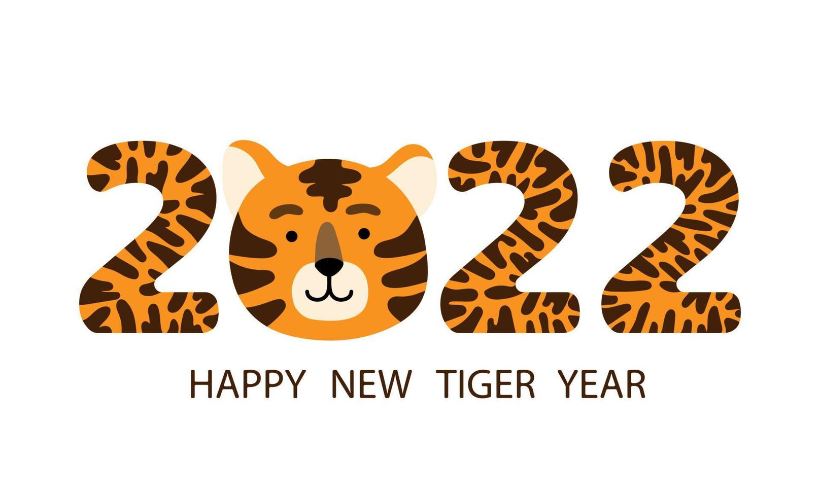 felice anno nuovo cinese 2022 biglietto di auguri o banner con faccia di tigre divertente cartone animato e cifre dell'anno a strisce. illustrazione vettoriale piatta disegnata a mano