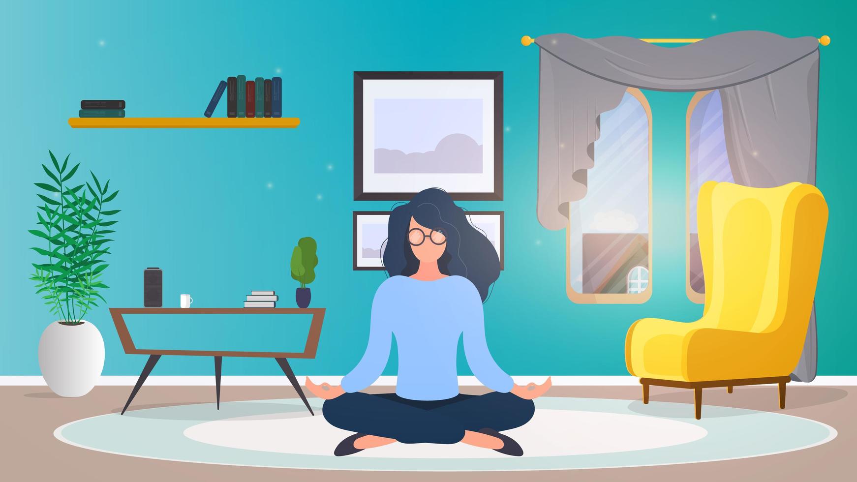 la ragazza sta meditando in ufficio. la ragazza pratica lo yoga. stanza, ufficio, lampada da terra, crescita della stanza, tavolo con laptop, posto di lavoro. illustrazione vettoriale