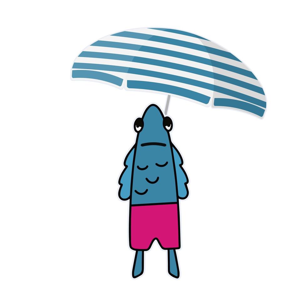 divertenti adesivi di pesci in pantaloncini rosa e un ombrellone. pesce con uno sguardo divertente. ottimo per cartoline, adesivi e libri per bambini. isolato. vettore. vettore