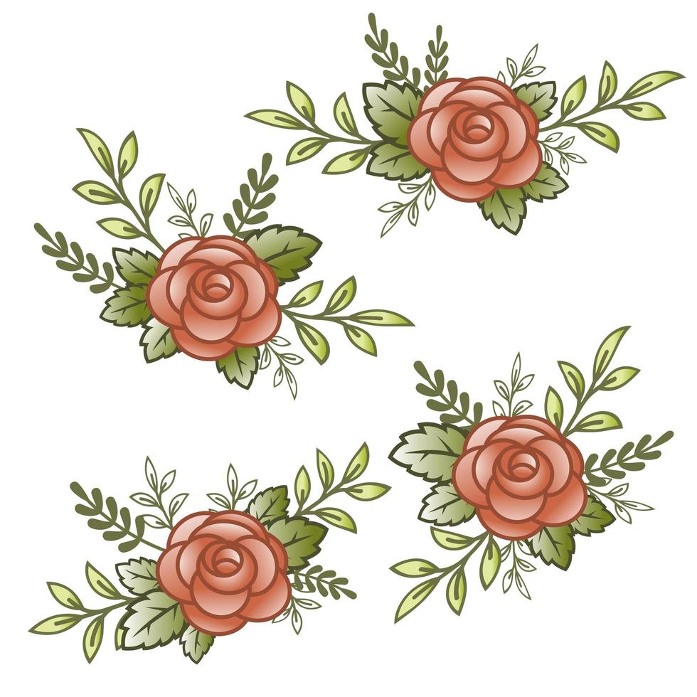 fiori rose, boccioli rossi e foglie verdi. insieme di raccolta. isolato su sfondo bianco. illustrazione vettoriale. vettore