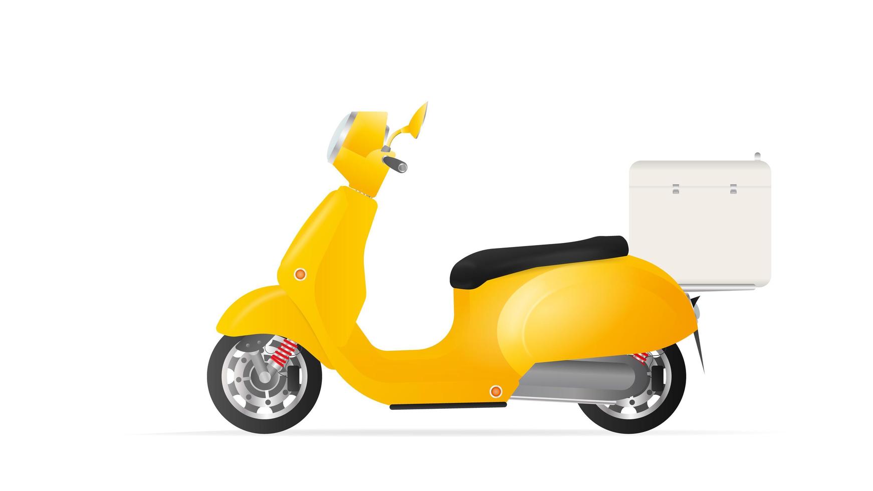 scooter giallo con frigorifero nella parte posteriore. un motorino per la consegna e la consegna del cibo. isolato. vettore. vettore