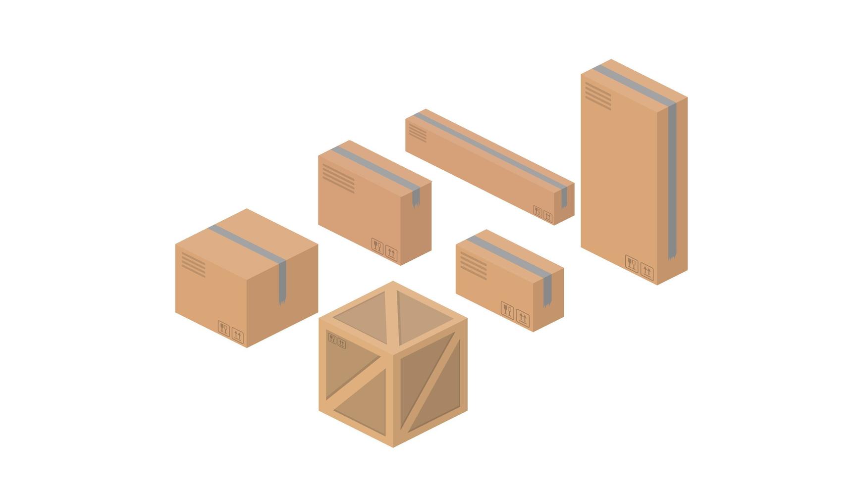 set di scatole di cartone isometriche. buono per il design sul tema della consegna e del trasporto. isolato. vettore. vettore