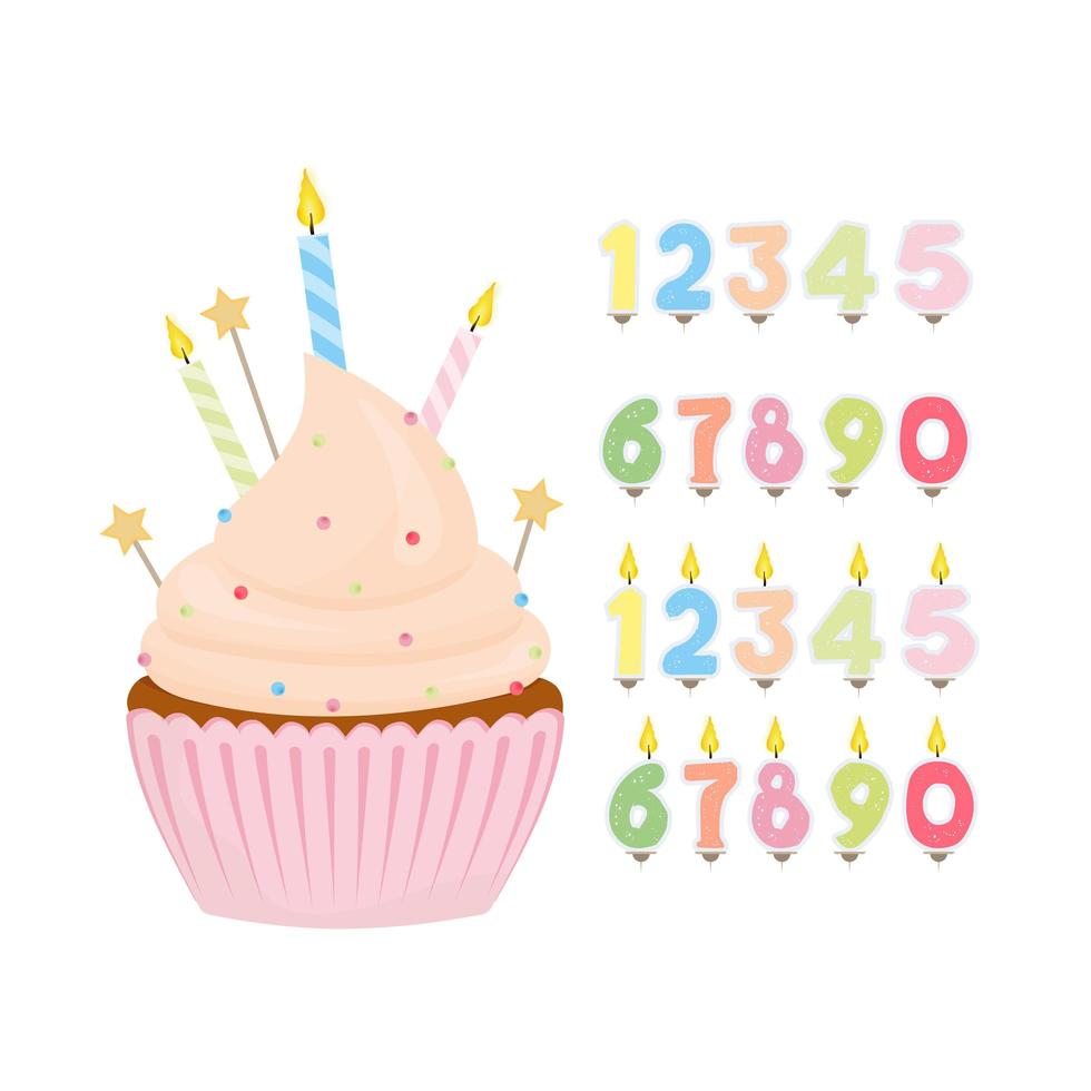 impostato per il design su un tema di compleanno. cupcake festivo. set di candele natalizie sotto forma di numeri. Isolato su sfondo bianco. vettore. vettore