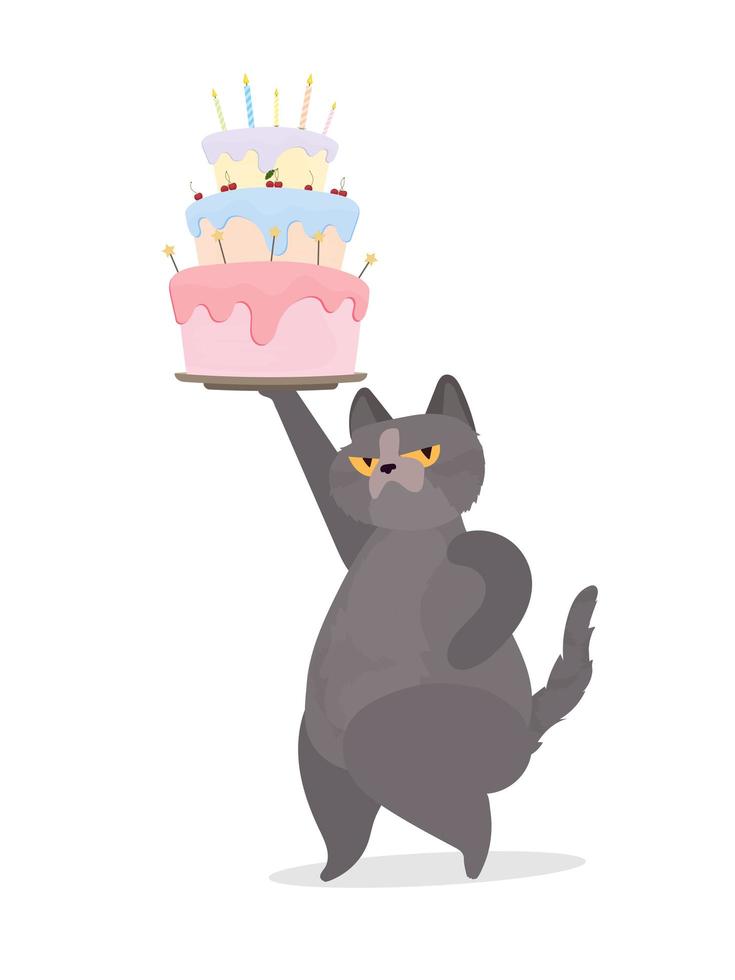 il gatto divertente tiene un cupcake festivo. dolci con panna, muffin, dessert festivo, pasticceria. buono per carte, magliette e adesivi. stile piatto. vettore. vettore