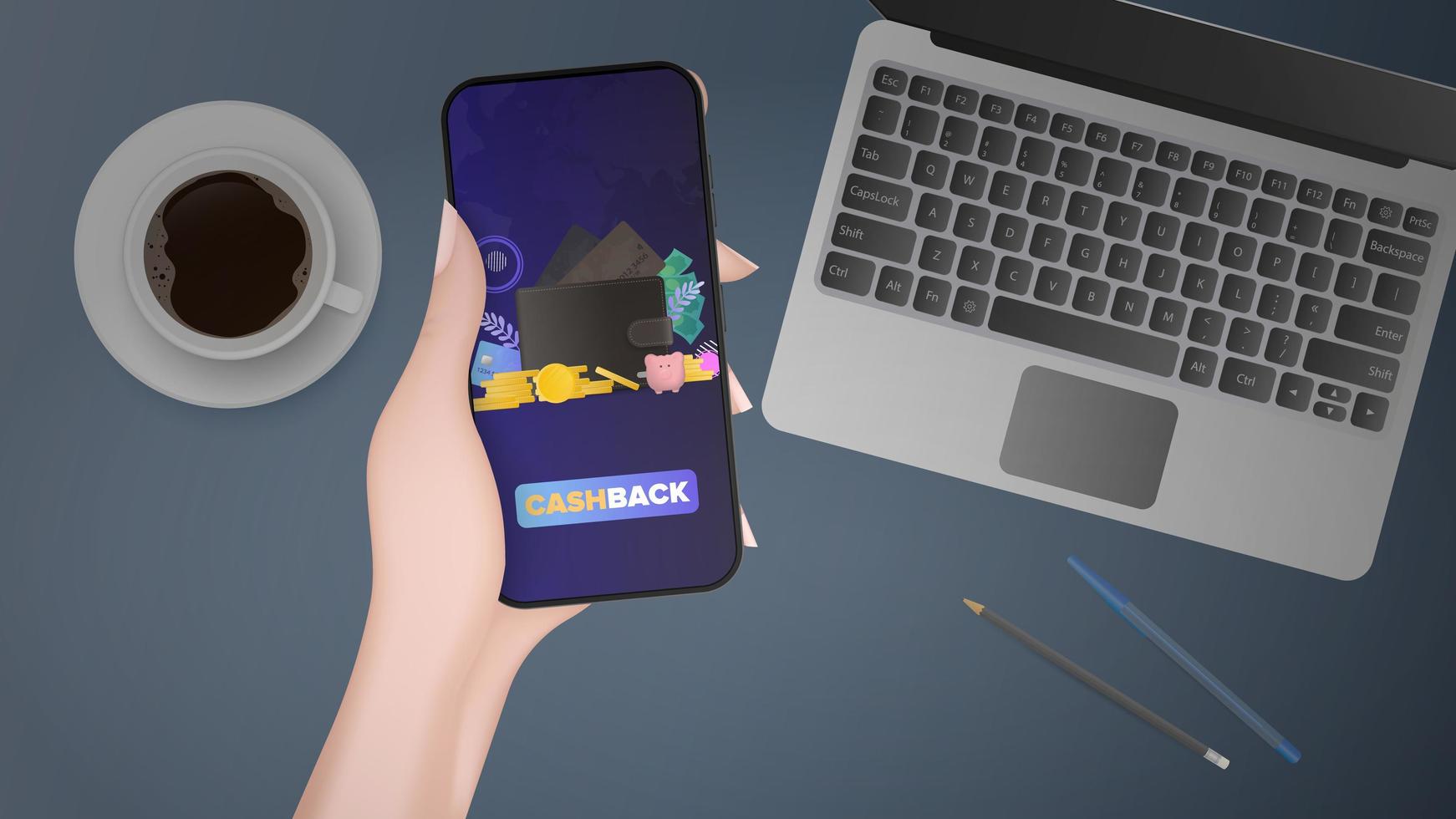 la mano tiene il telefono con cashback. portafoglio marrone con carte di credito e monete d'oro. il concetto di risparmio e accumulo di denaro. buono per presentazioni e articoli su un argomento aziendale. vettore