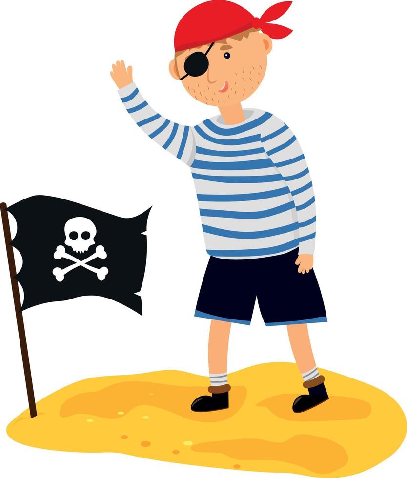 giovane pirata con bandiera pirata sull'isola vettore