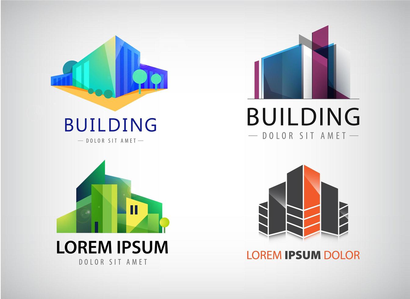 set vettoriale di loghi immobiliari multicolori per l'identità visiva aziendale, la costruzione, le icone del paesaggio urbano, le case, l'architettura