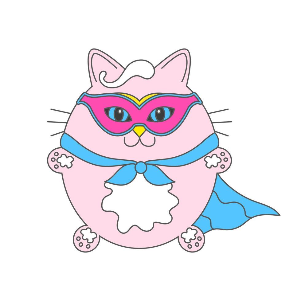 un simpatico gattino tondo cartone animato vettoriale simpatico personaggio con una maschera e un mantello da supereroe. illustrazione per bambini