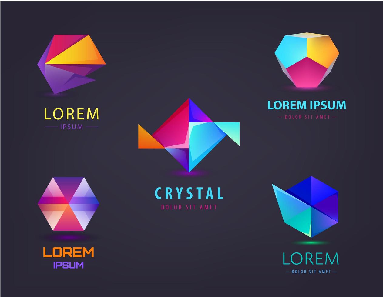 set vettoriale di loghi origami 3d astratti colorati, icone. concetto di business, modello di progettazione dell'identità aziendale. collezione logo geometrico multicolore su sfondo nero