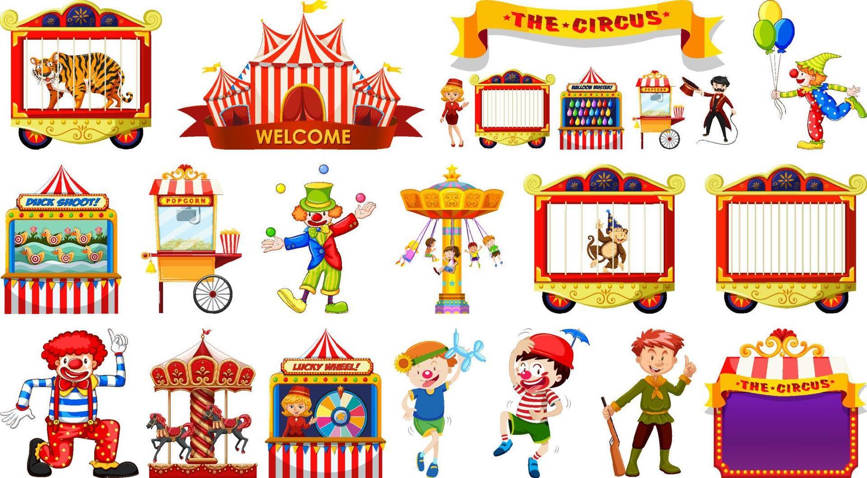 set di personaggi del circo ed elementi del parco di divertimenti vettore