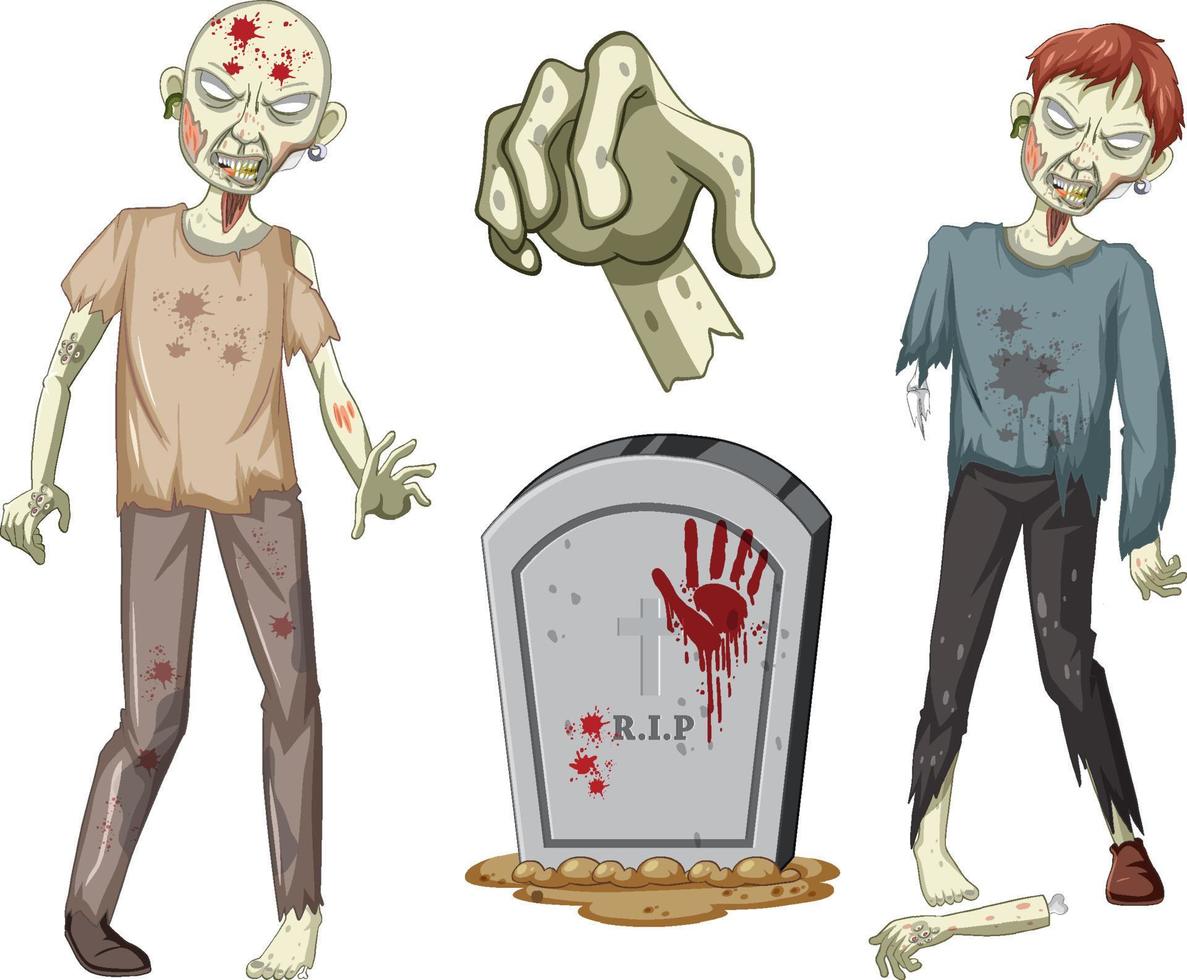 personaggio zombie raccapricciante e lapide su sfondo bianco vettore