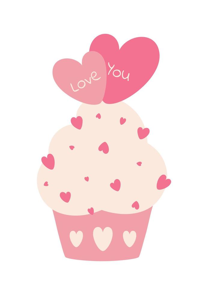 illustrazione vettoriale di cupcake carino per San Valentino. biglietto di auguri di San Valentino. cupcake rosa con cuori. illustrazione vettoriale di San Valentino per il design. isolato su bianco.