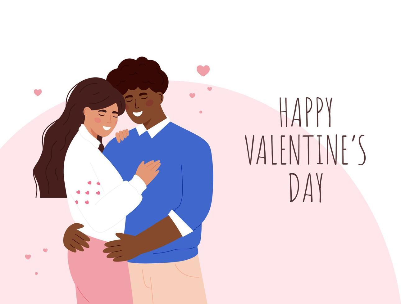 carino diversità coppia abbracciarsi. buon San Valentino. coppia innamorata. uomo e donna che si abbracciano affettuosamente. personaggi per la festa di san valentino. bandiera. sfondo bianco. vettore